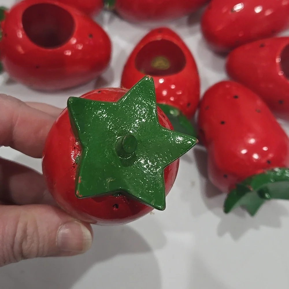 Vintage Strawberry Wooden painted napkin rings Set Of 8